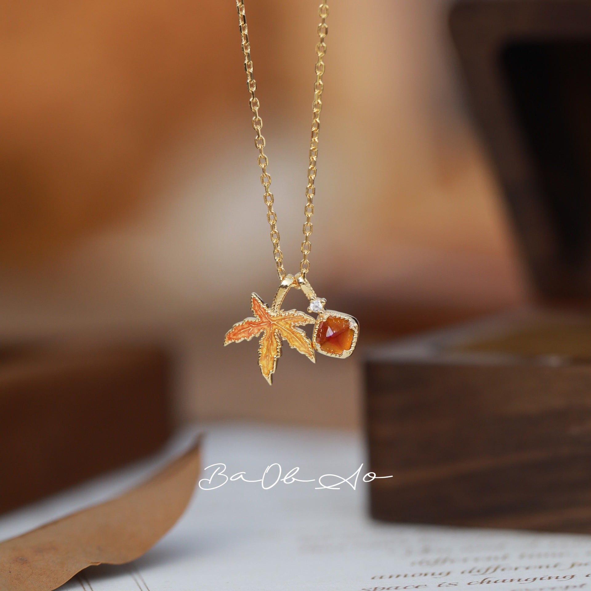 Blingrunway Vintage Garnet Maple Leaf Necklace