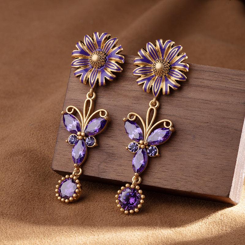 Blingrunway S925 purple French zircon butterfly flower enamel earrings