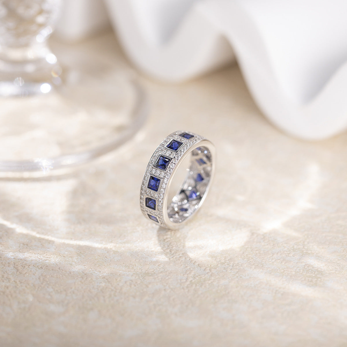 Blingrunway S925 cultured sapphire princess square full circle ring