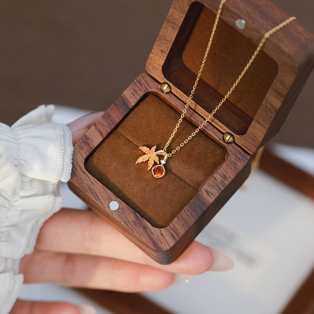 Blingrunway Vintage Garnet Maple Leaf Necklace