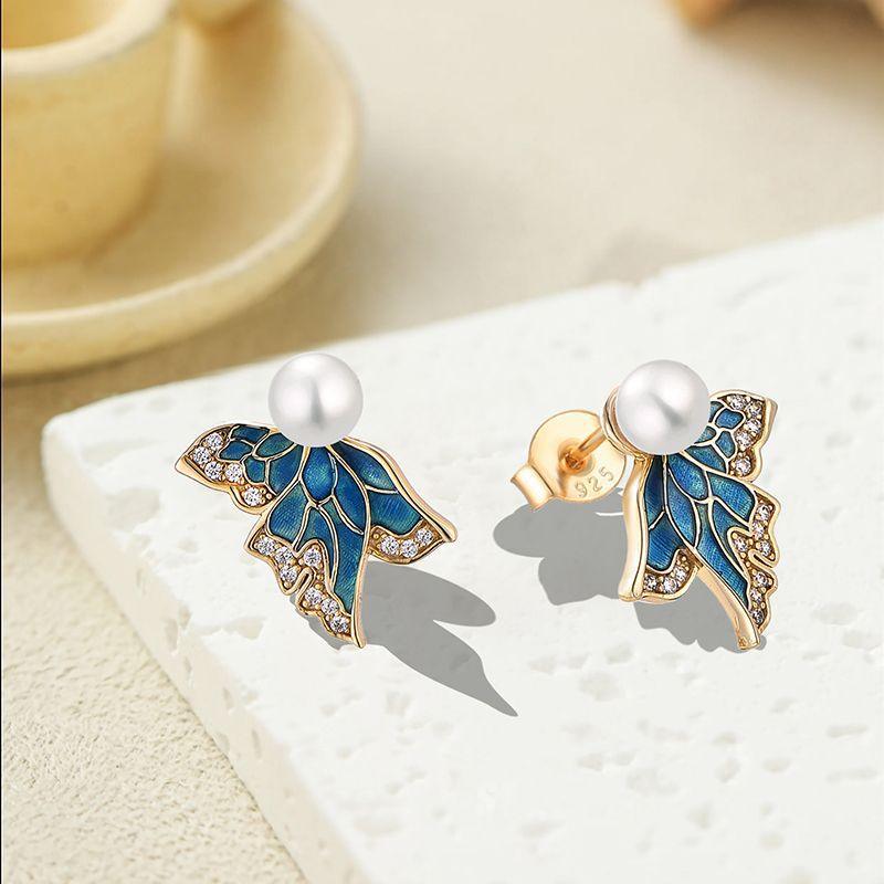 Blingrunway S925 sterling silver butterfly pearl earrings