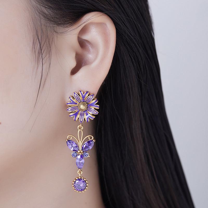 Blingrunway S925 purple French zircon butterfly flower enamel earrings