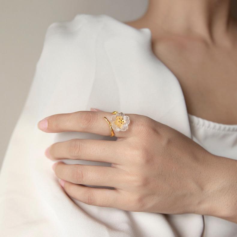 Blingrunway s925 tree branch rain flower open ring