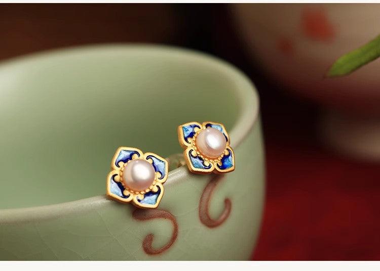 Blingrunway s925 silver earrings natural pearl enamel earrings