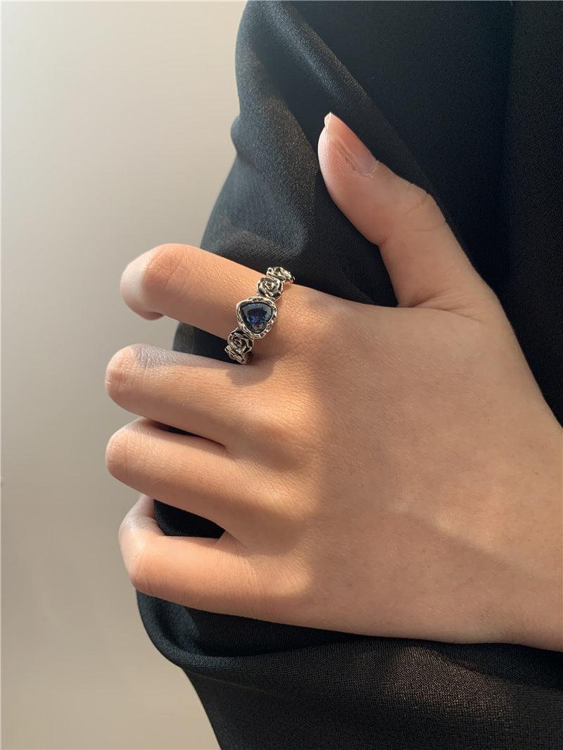 Blue colorful heart rose S925 silver ring