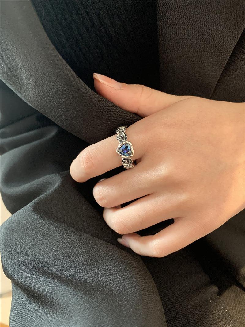 Blue colorful heart rose S925 silver ring