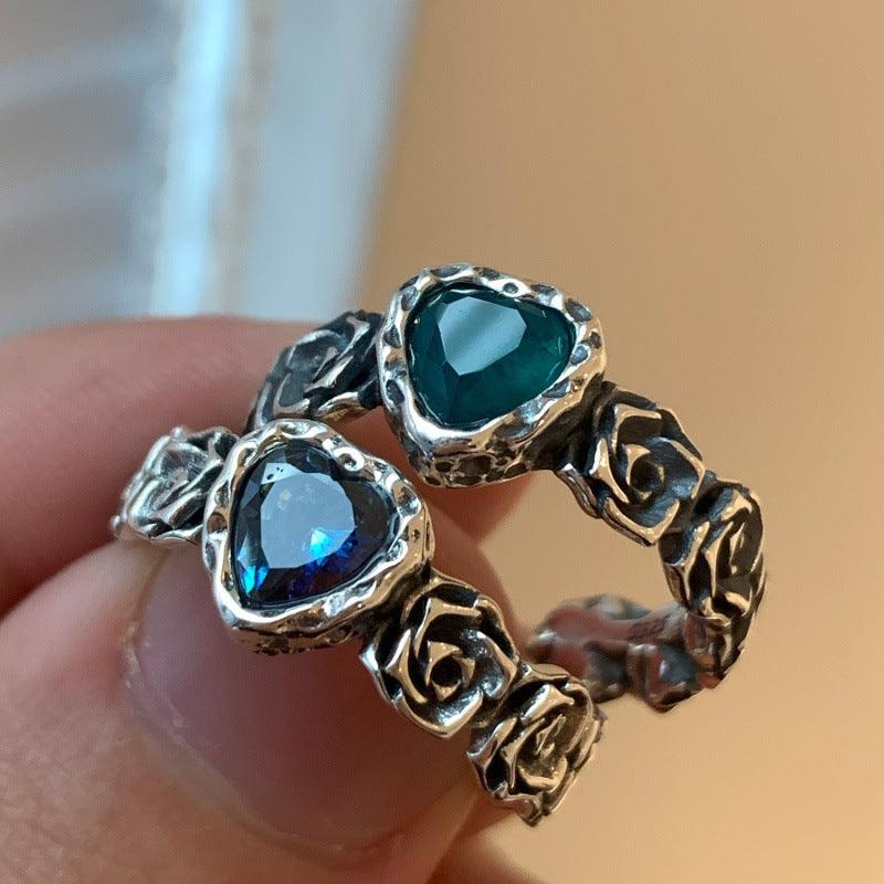 Blue colorful heart rose S925 silver ring