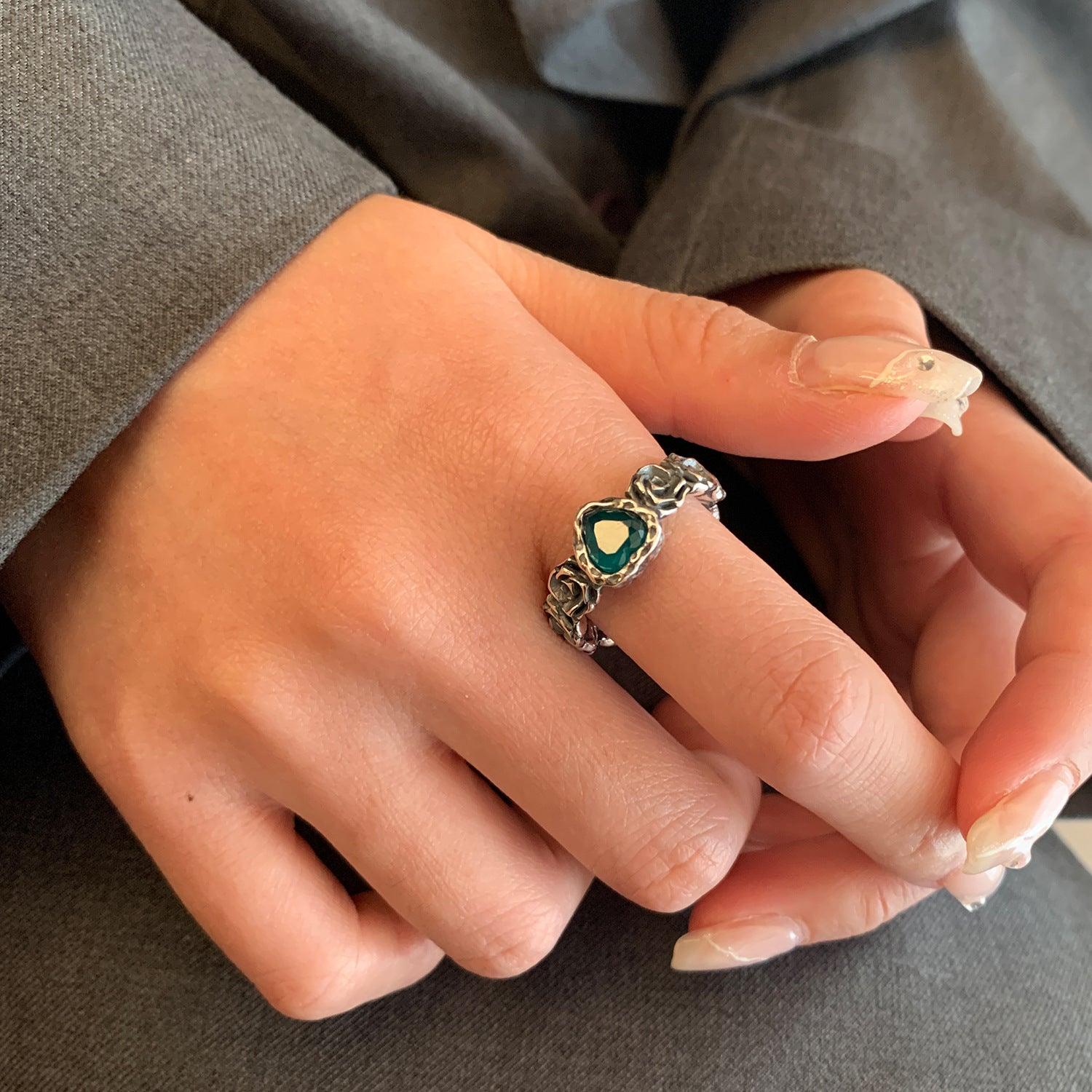 Blue colorful heart rose S925 silver ring