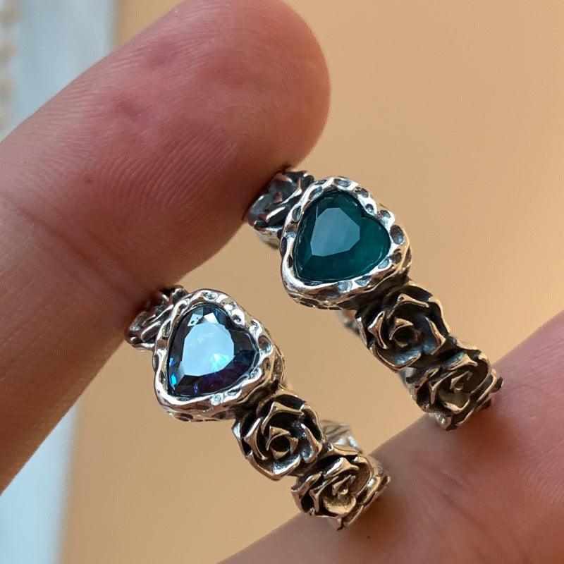 Blue colorful heart rose S925 silver ring