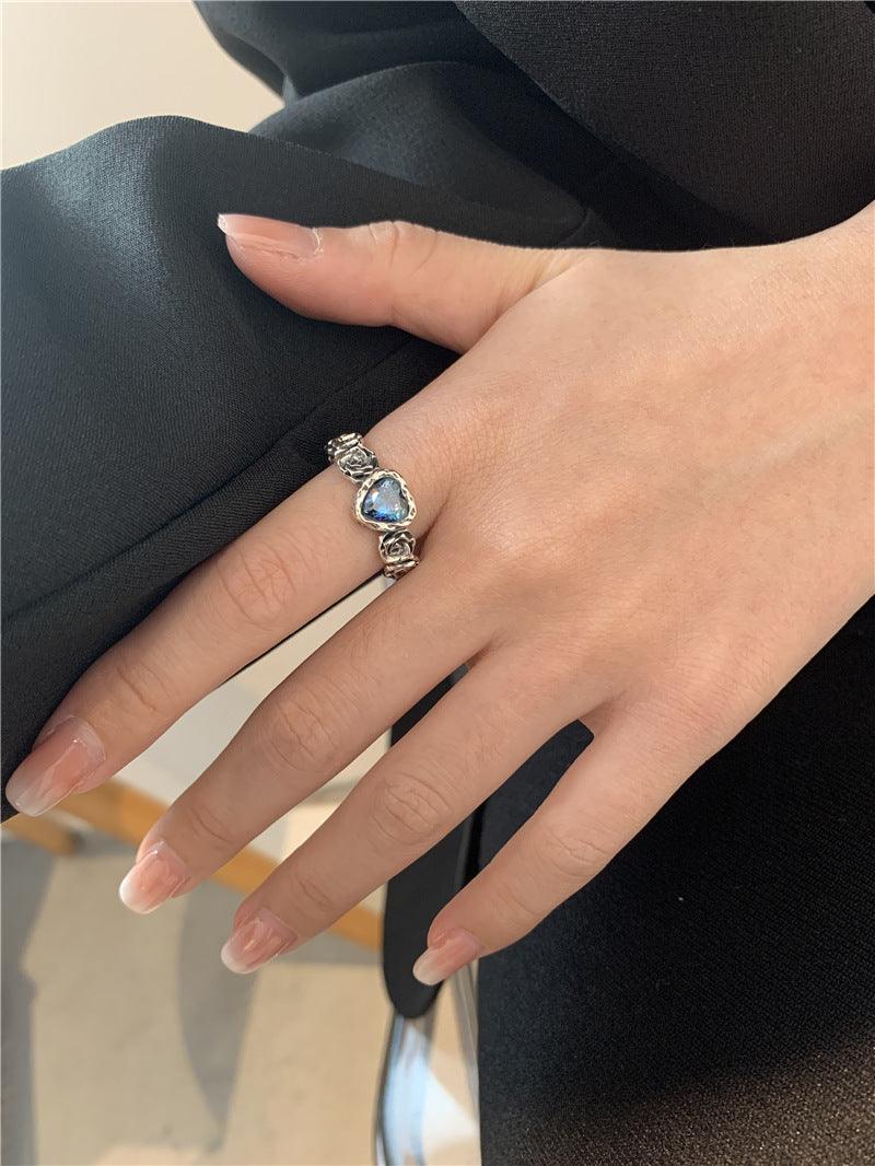 Blue colorful heart rose S925 silver ring