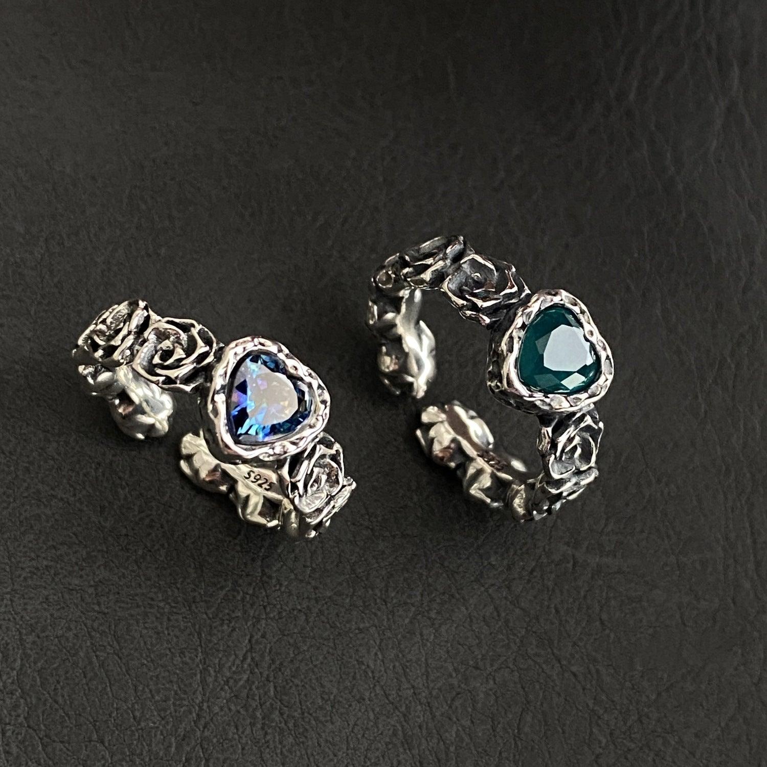 Blue colorful heart rose S925 silver ring