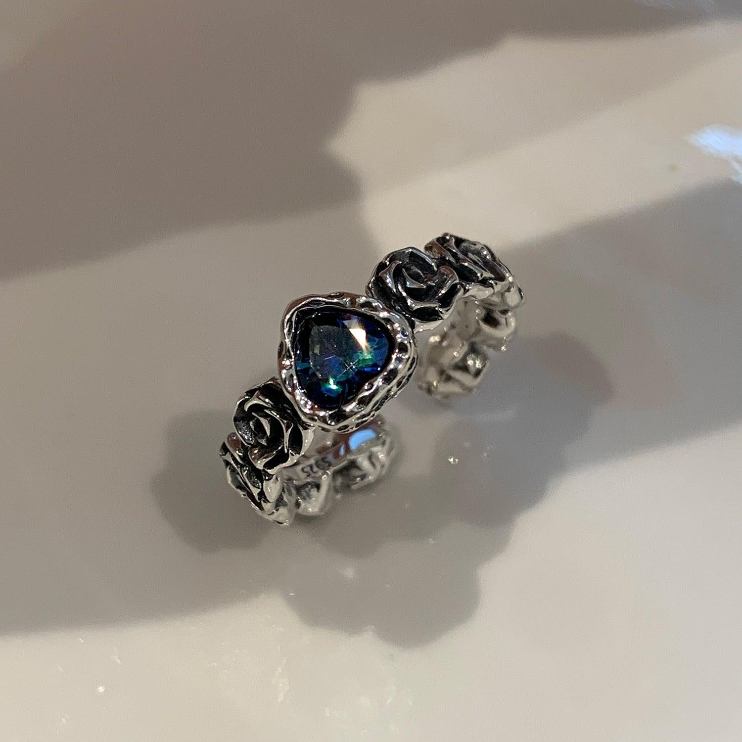 Blue colorful heart rose S925 silver ring