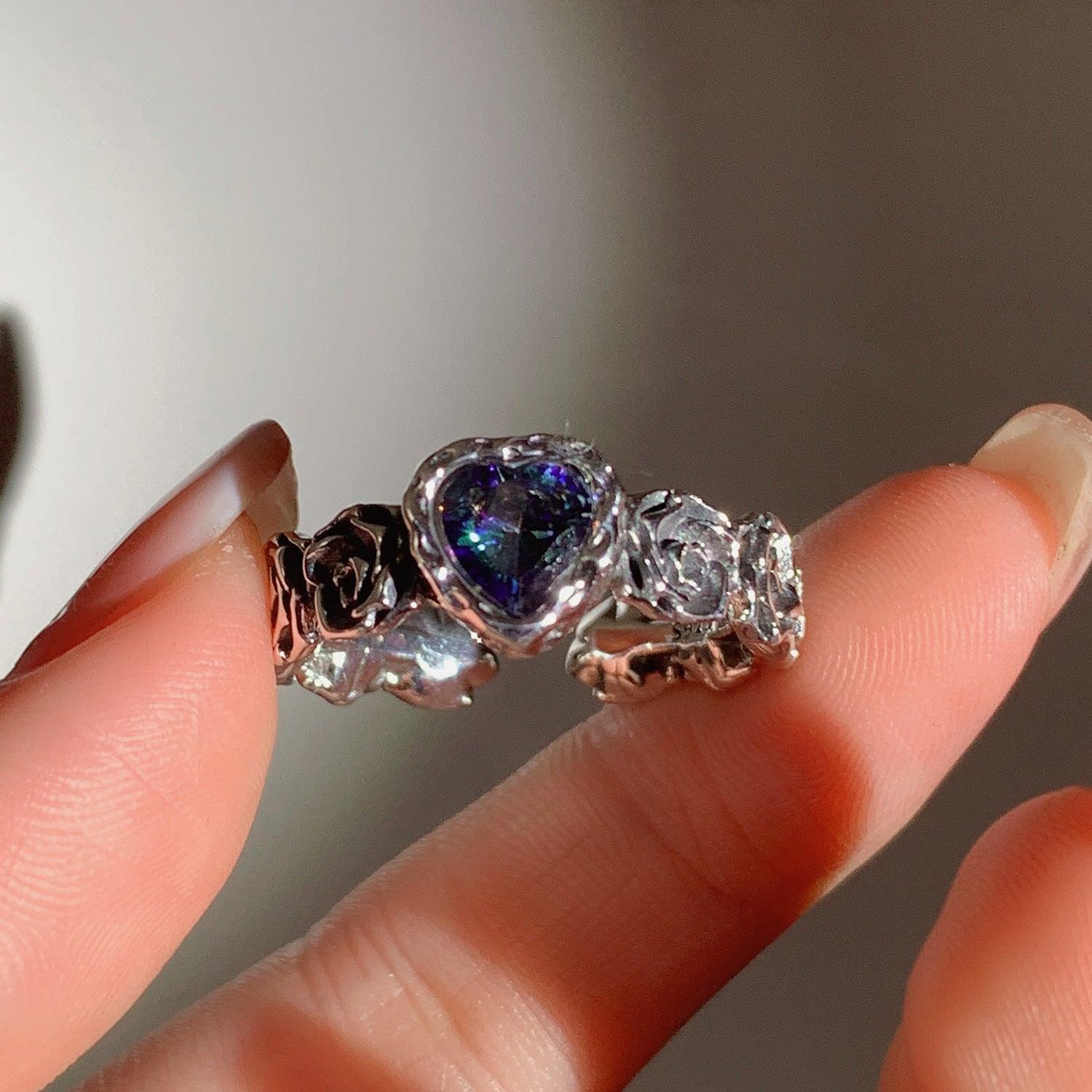 Blue colorful heart rose S925 silver ring