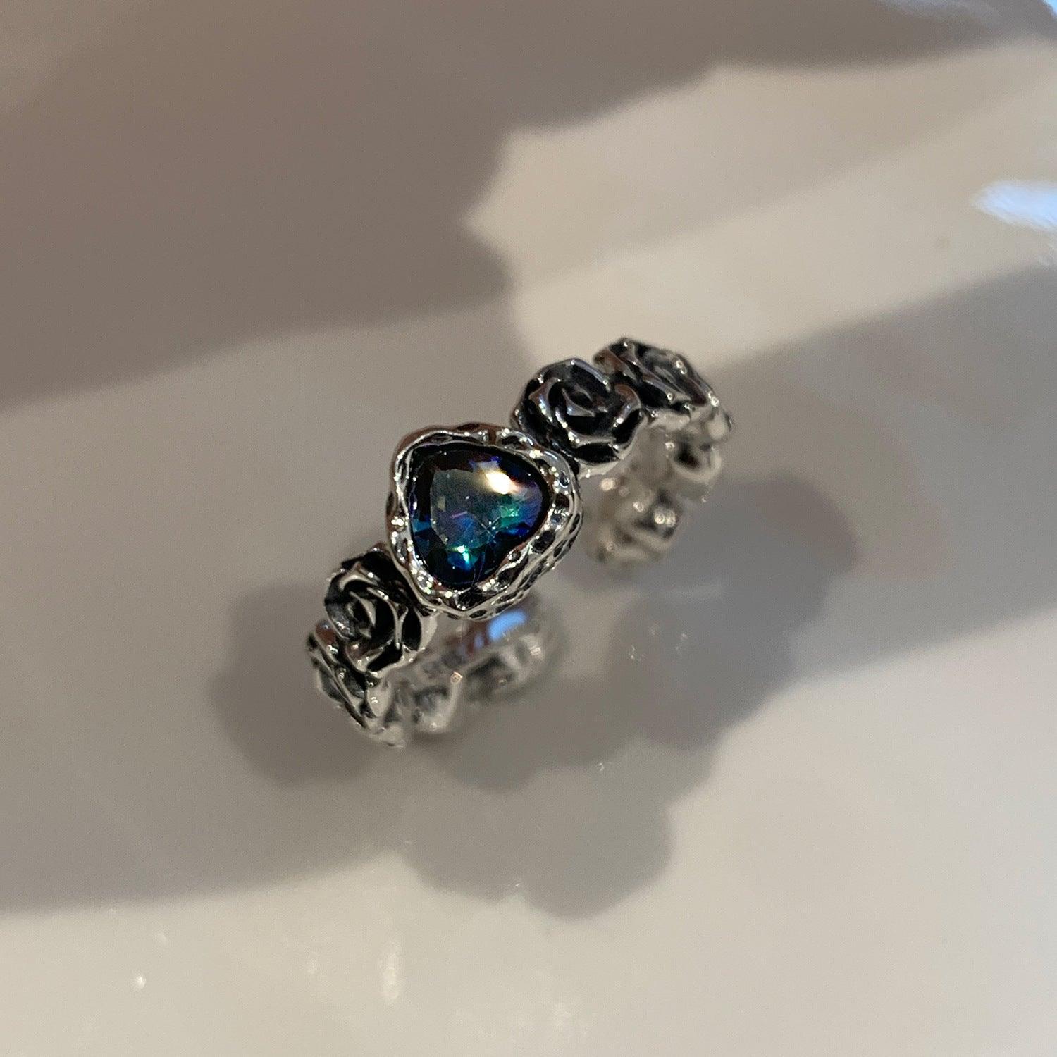 Blue colorful heart rose S925 silver ring