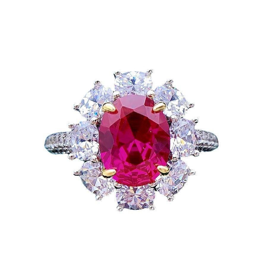 Luxury inlaid synthetic oval red gemstone S925 sterling silver ring-BlingRunway