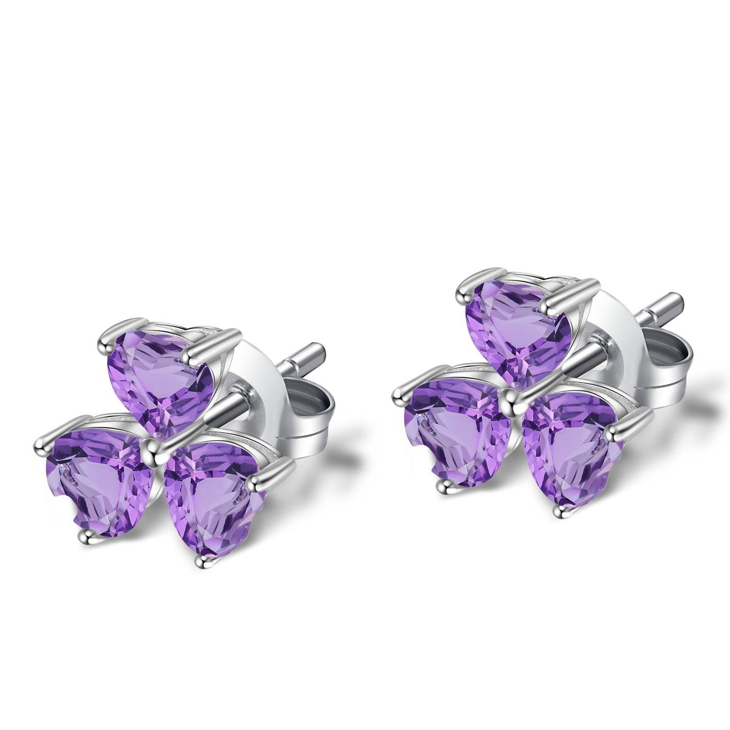 Petal Heart S925 Sterling Silver Natural Amethyst Stud Earrings-BlingRunway