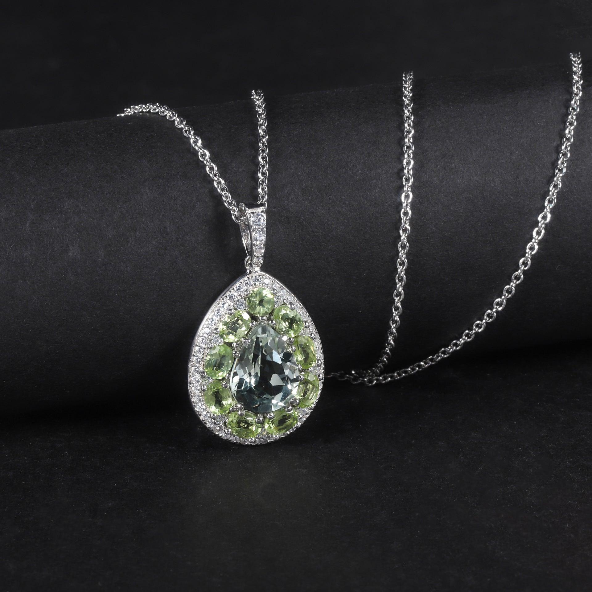 Drop-shaped Surrounding S925 Silver Inlaid Natural Green Amethyst Pendant