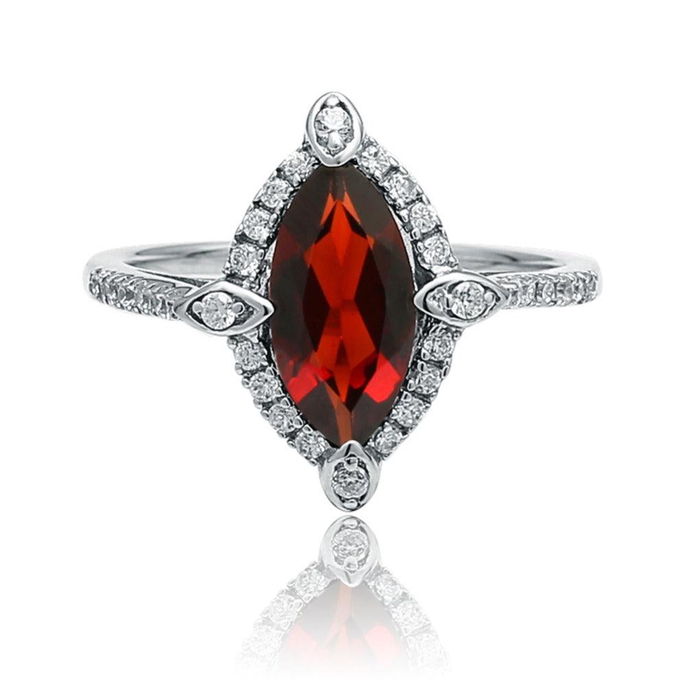 Luxury diamond surround S925 sterling silver natural red garnet ring-BlingRunway