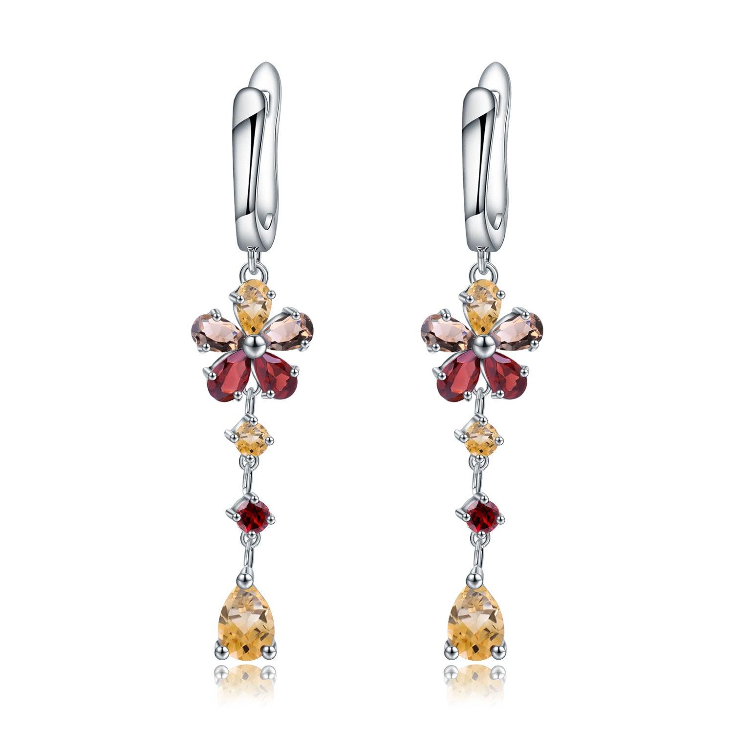 Natural Gemstone Sunflower Design S925 Sterling Silver Earrings-BlingRunway