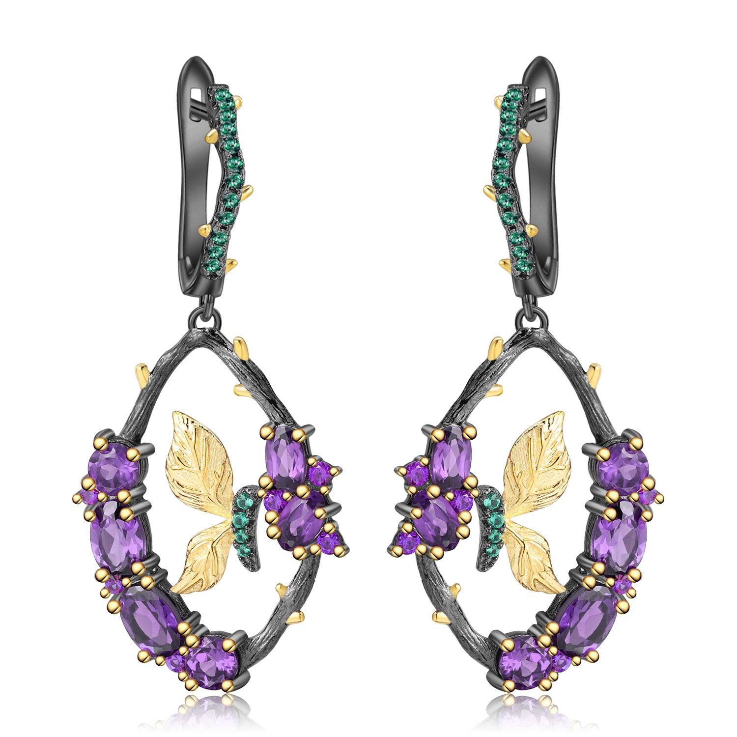 Secret Garden Series Wind Butterfly S925 Sterling Silver Natural Amethyst Earrings-BlingRunway