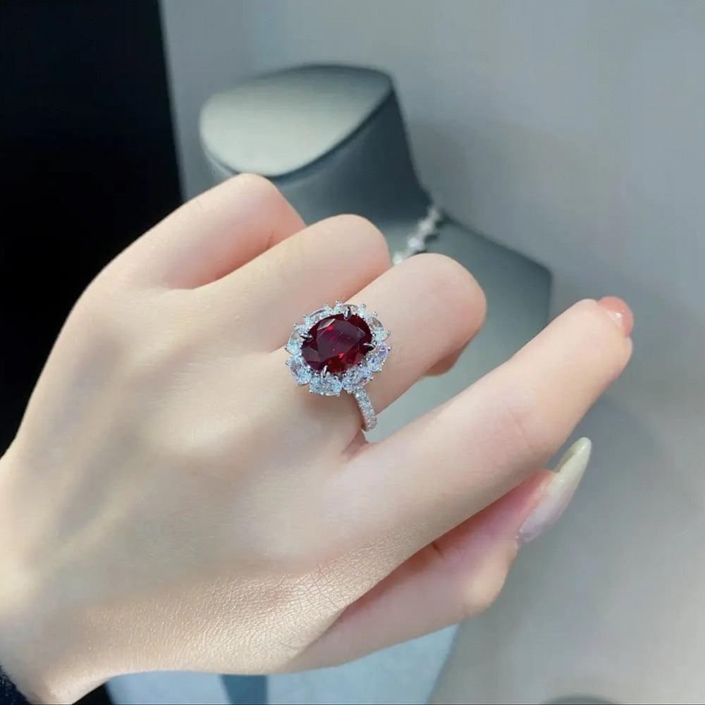 Luxury inlaid synthetic oval red gemstone S925 sterling silver ring-BlingRunway