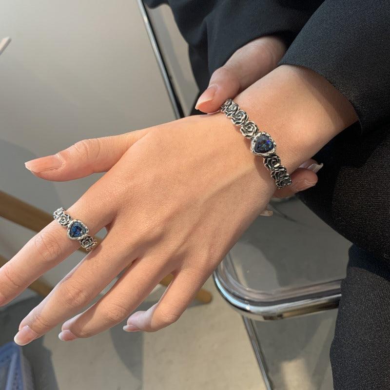 Blue colorful heart rose S925 silver ring