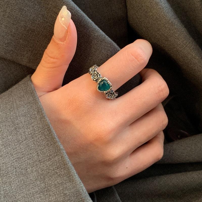 Blue colorful heart rose S925 silver ring