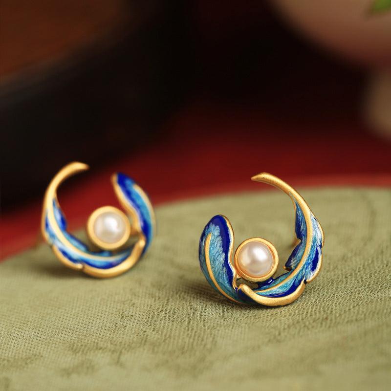 Blingrunway S925 sterling silver natural freshwater pearl enamel feather earrings