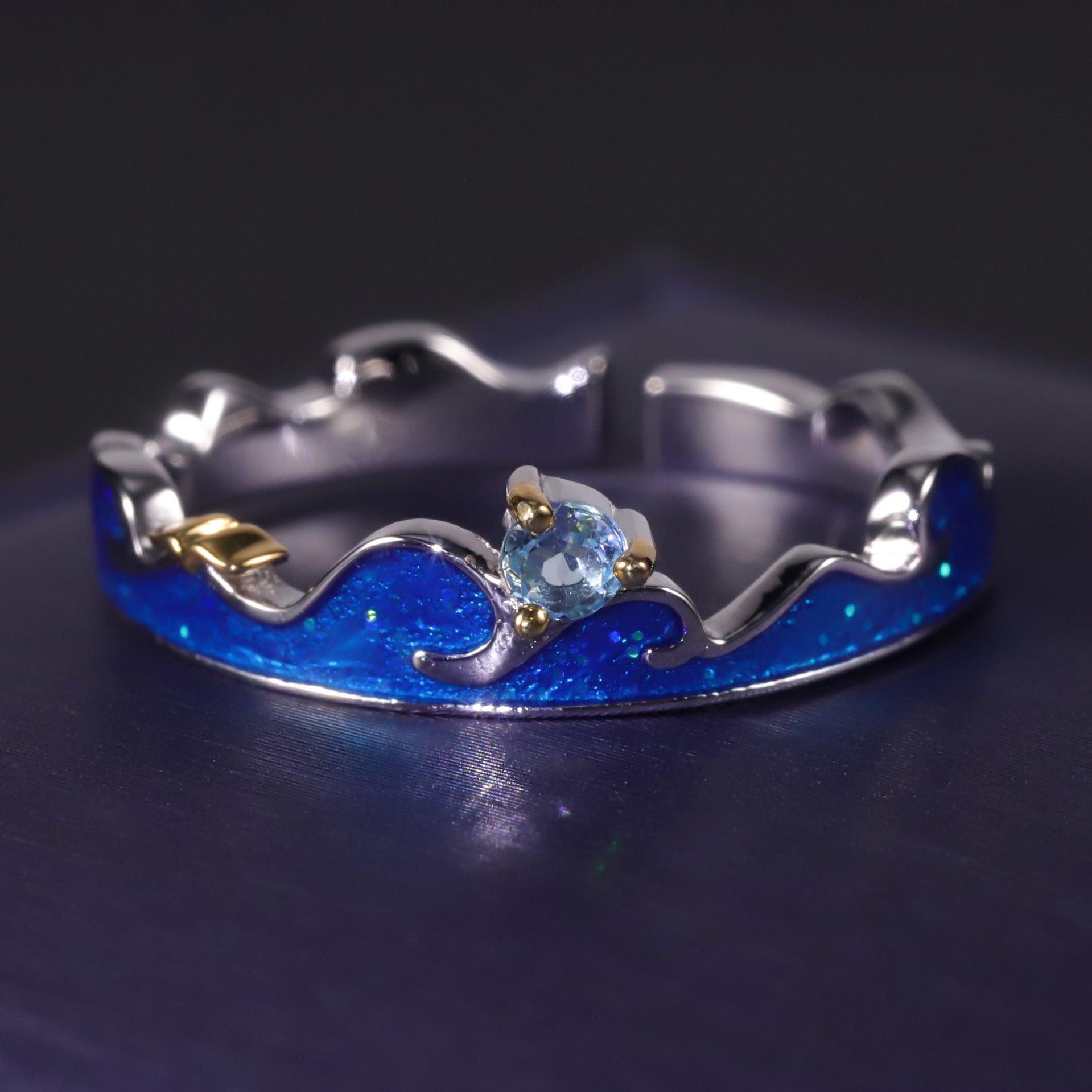 Blingrunway Designer open couple rings Wave element natural style design 925 silver inlaid gemstone enamel ring
