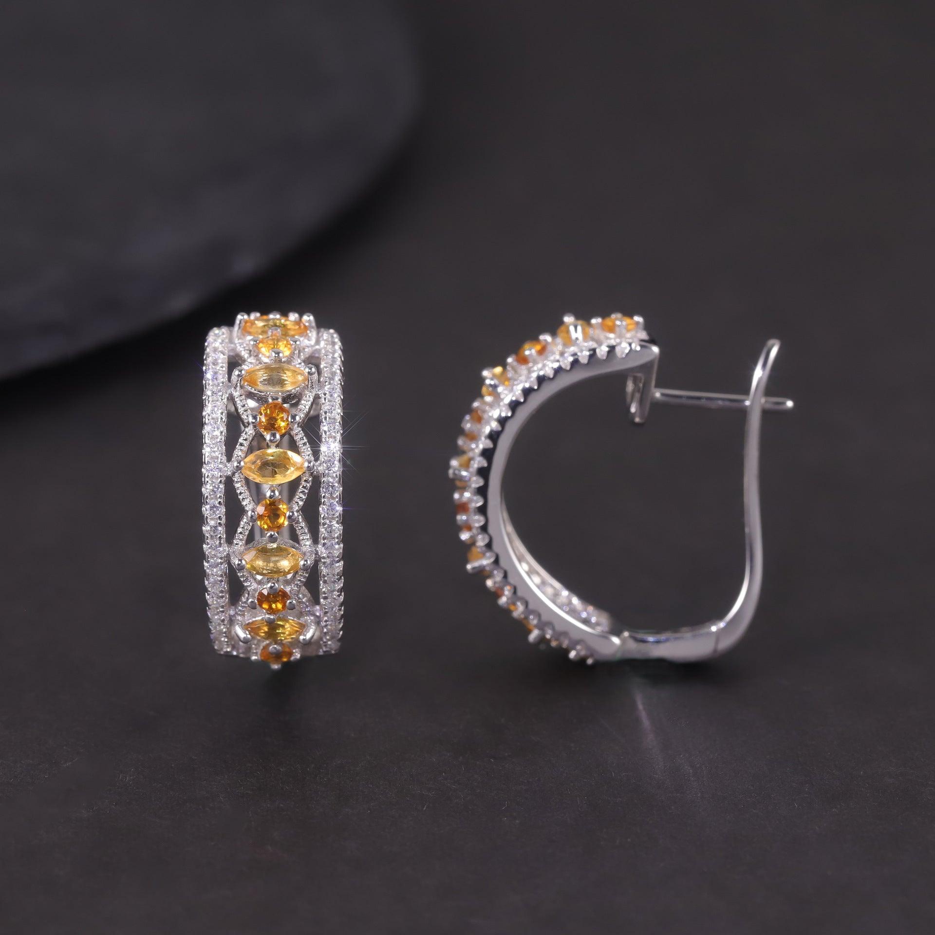 Bling Runway Natural topaz earrings s925 sterling silver cluster inlaid crystal garnet colored gemstone earrings