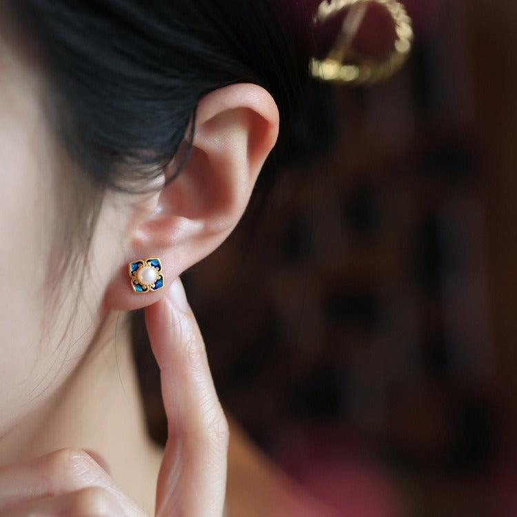 Blingrunway s925 silver earrings natural pearl enamel earrings