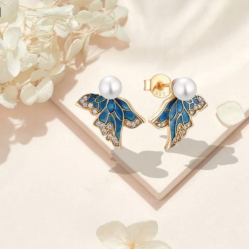 Blingrunway S925 sterling silver butterfly pearl earrings