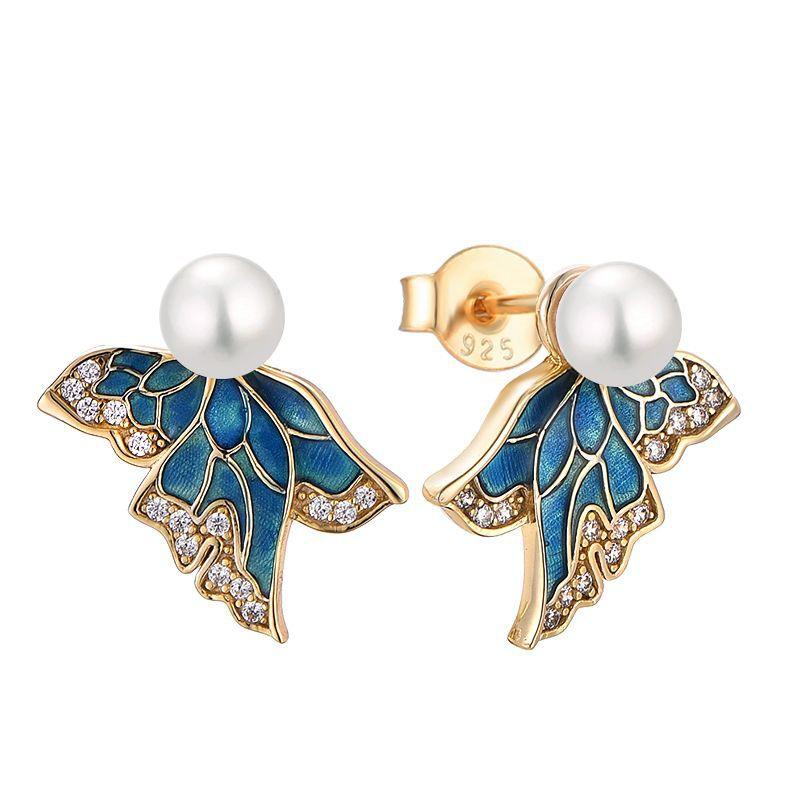 Blingrunway S925 sterling silver butterfly pearl earrings