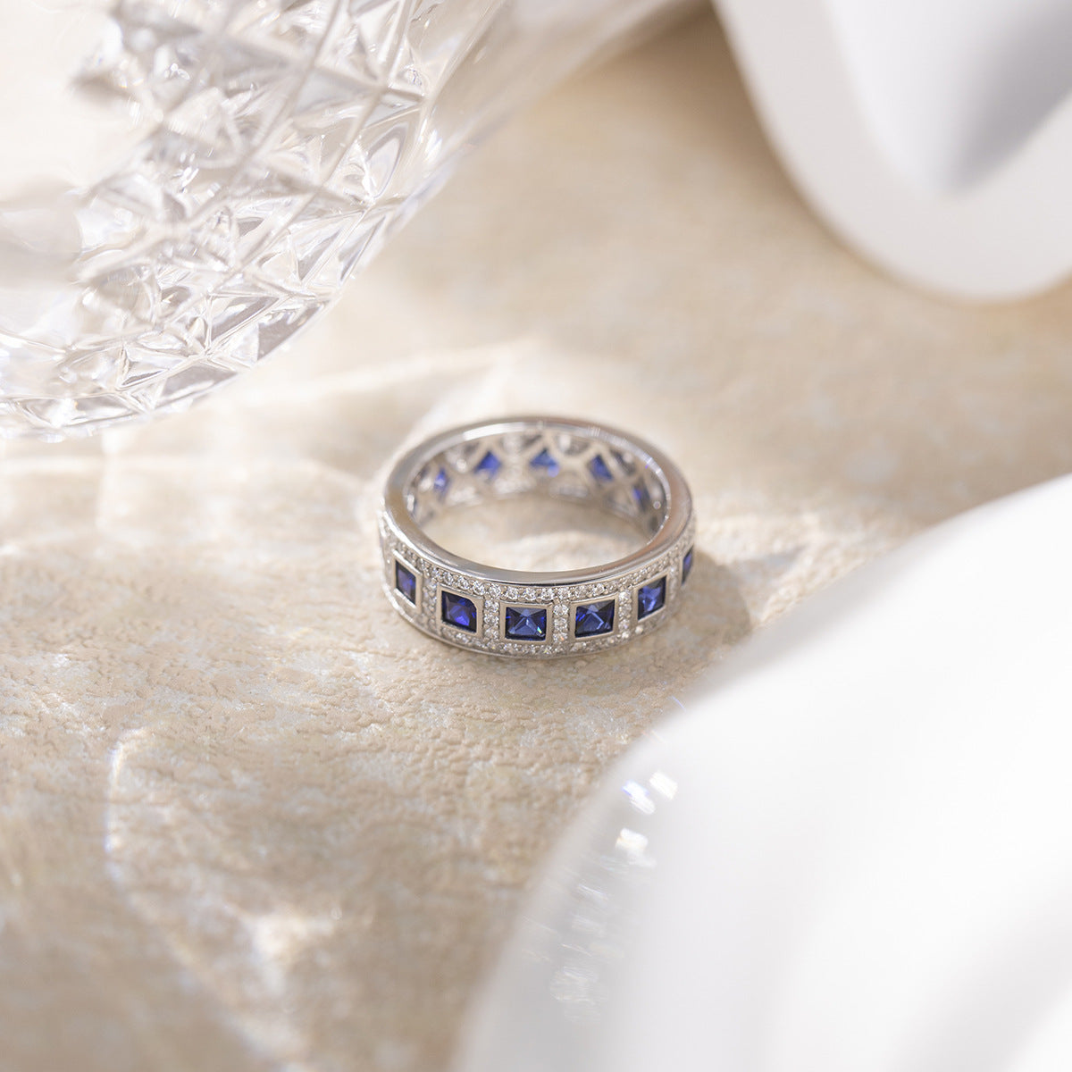 Blingrunway S925 cultured sapphire princess square full circle ring