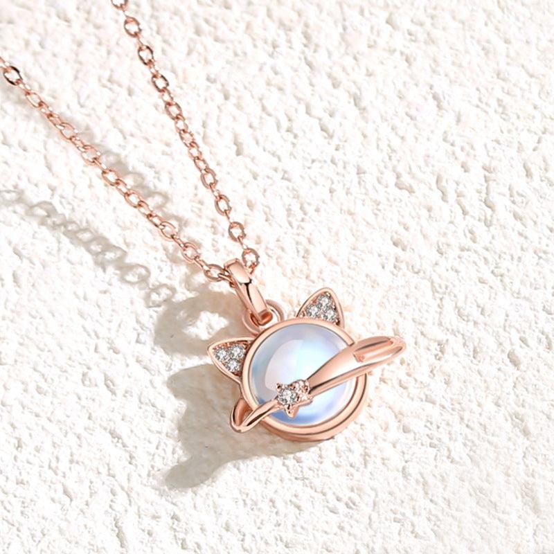 Cosmic Planet Cat Moonstone Sterling Silver Necklace