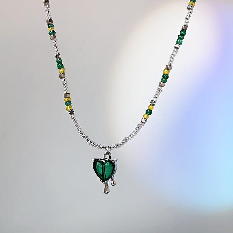 Colorblock Beaded Green Glass Melted Heart Pendant Necklace