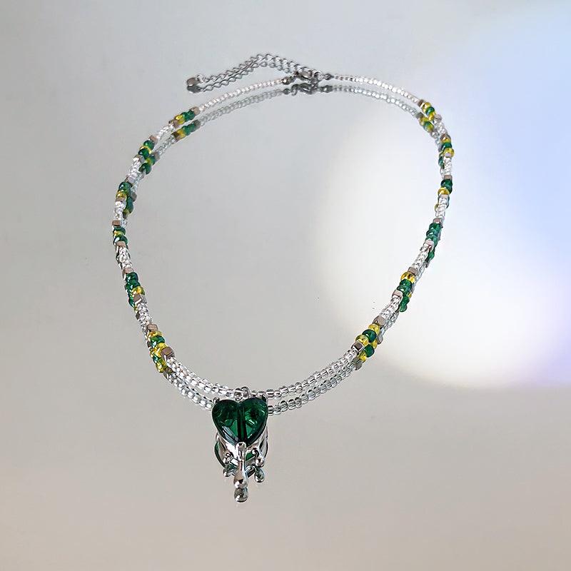 Colorblock Beaded Green Glass Melted Heart Pendant Necklace