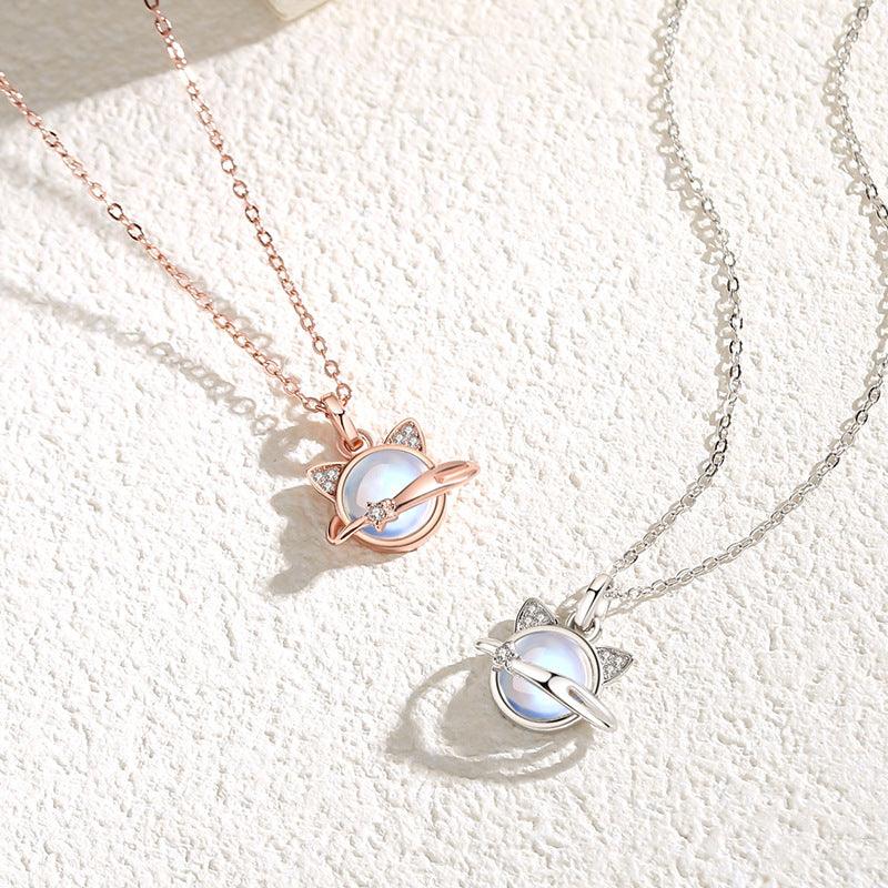 Cosmic Planet Cat Moonstone Sterling Silver Necklace