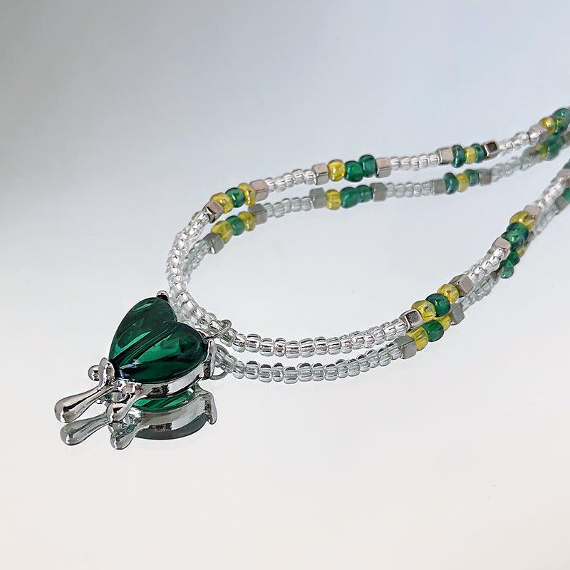 Colorblock Beaded Green Glass Melted Heart Pendant Necklace