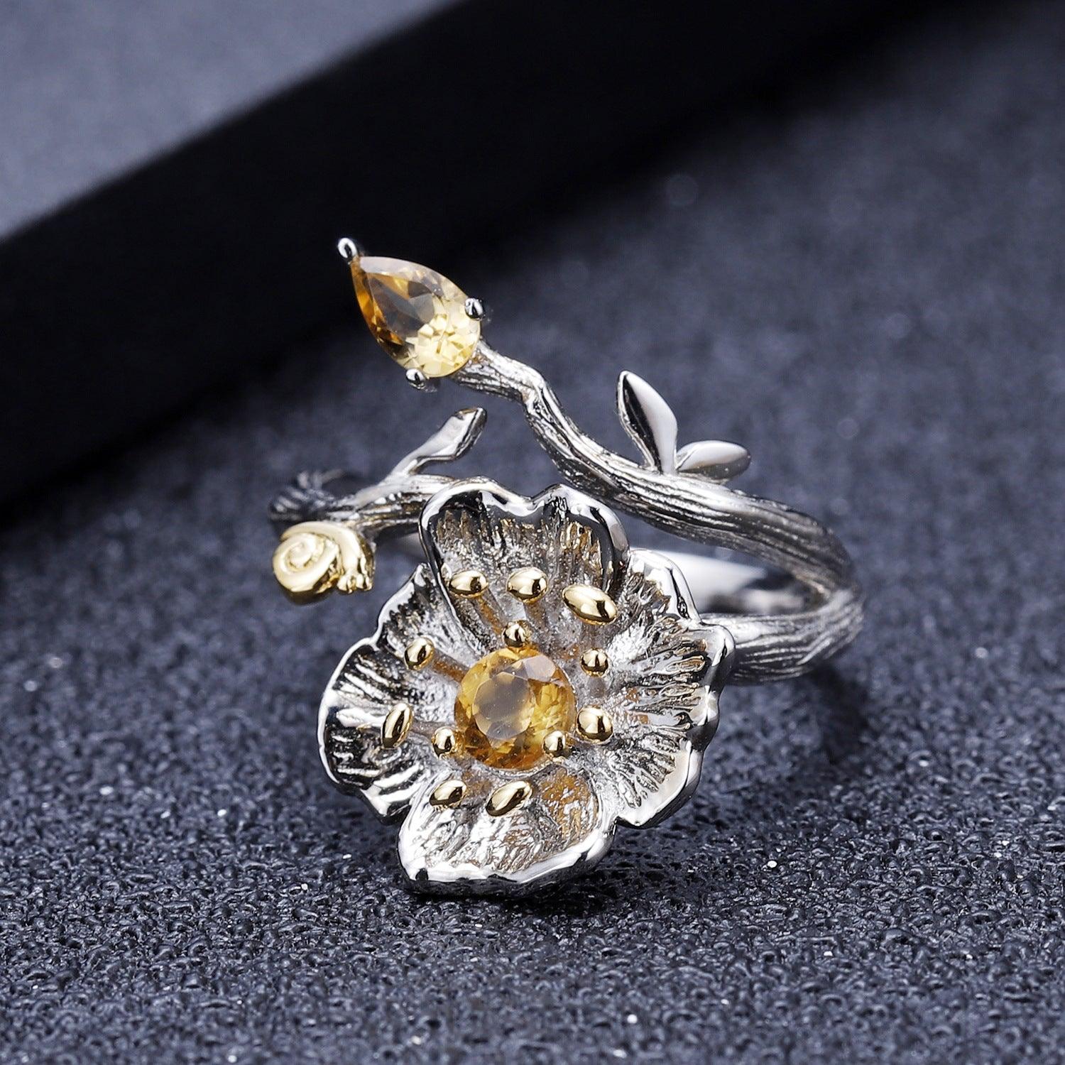 Natural Wind Floral Design Topaz Crystal Blue 925 Sterling Silver Ring