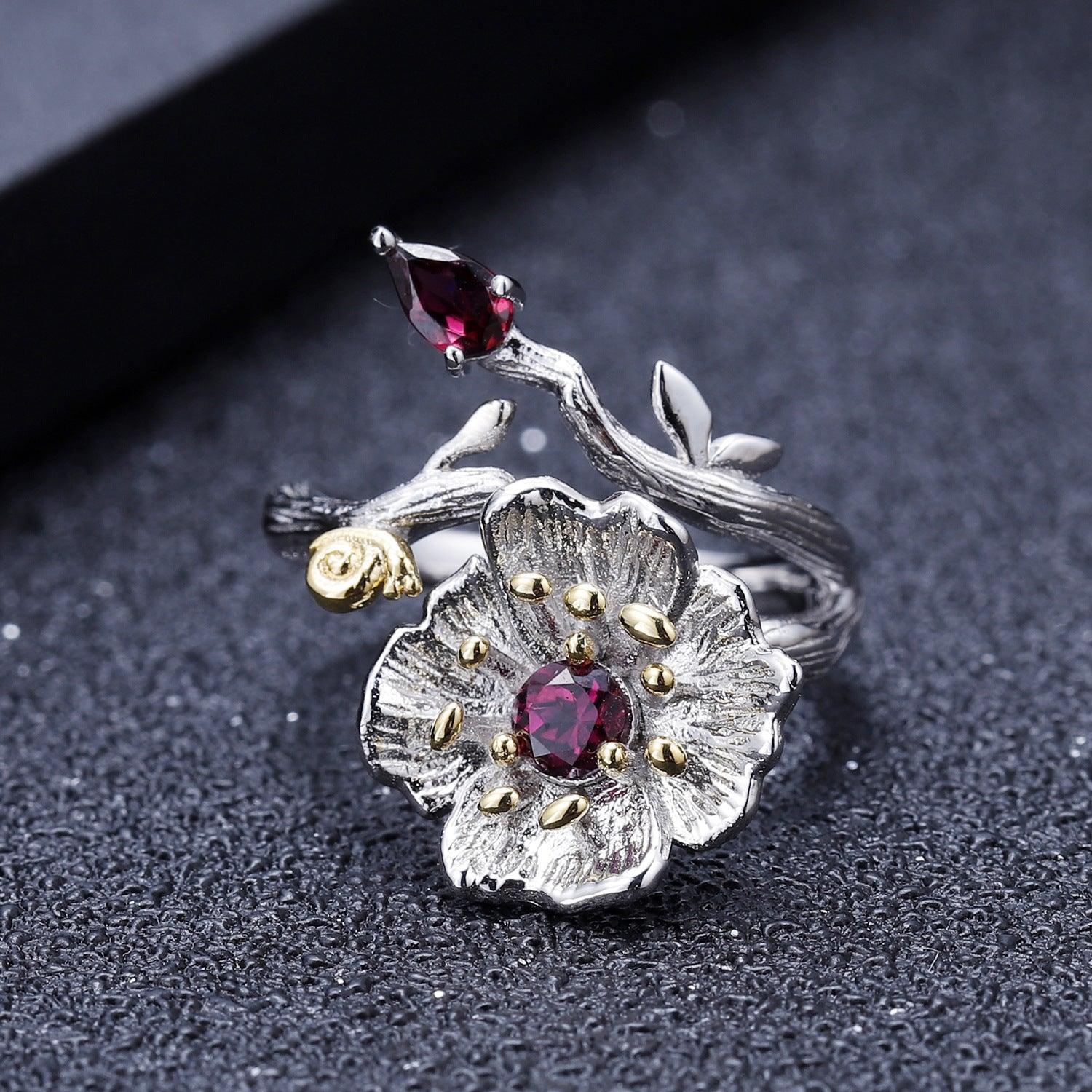 Natural Wind Floral Design Topaz Crystal Blue 925 Sterling Silver Ring