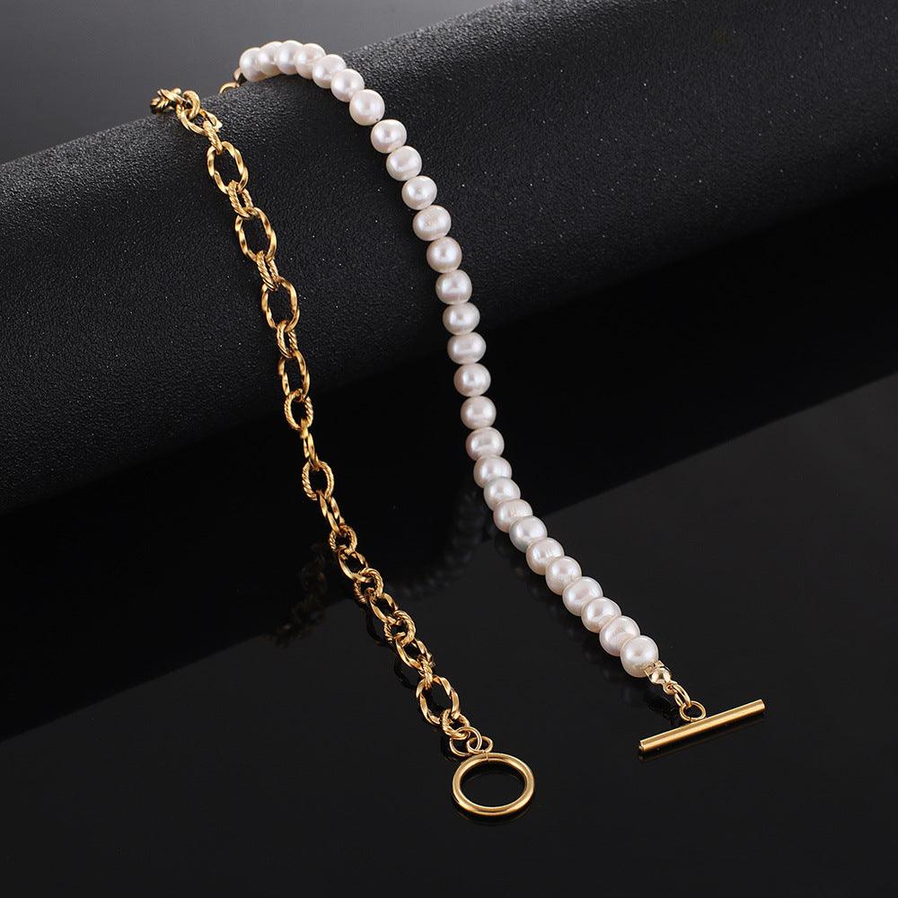 Classic Freshwater Pearl OT Buckle Half Pearl Half Chain Necklace