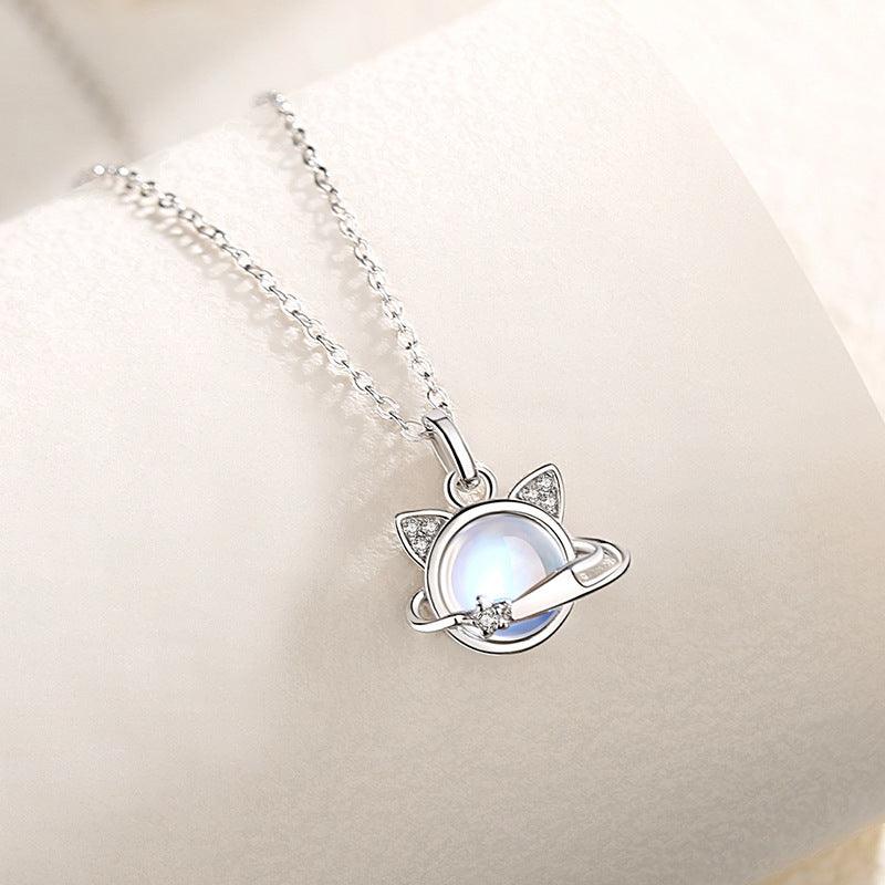 Cosmic Planet Cat Moonstone Sterling Silver Necklace