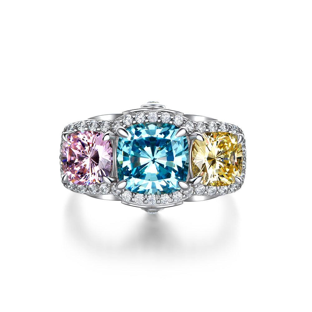 Yellow Blue Pink Contrast Color Handmade Silver Ring-BlingRunway