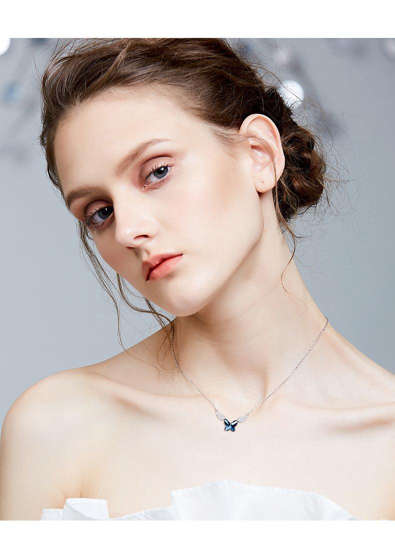 Angel Wings Sterling Silver Blue Crystal Butterfly Necklace
