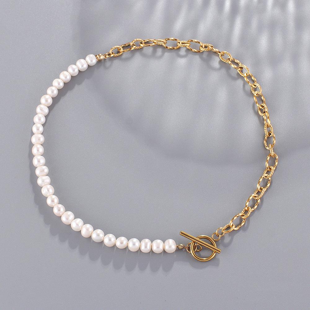 Classic Freshwater Pearl OT Buckle Half Pearl Half Chain Necklace