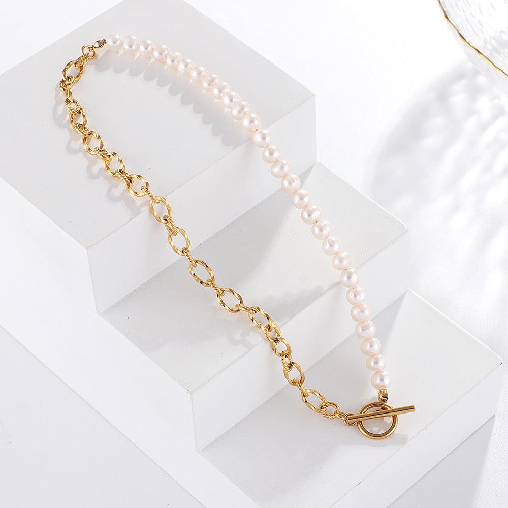 Classic Freshwater Pearl OT Buckle Half Pearl Half Chain Necklace
