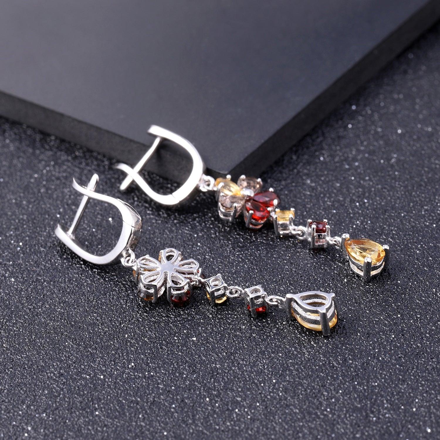 Natural Gemstone Sunflower Design S925 Sterling Silver Earrings