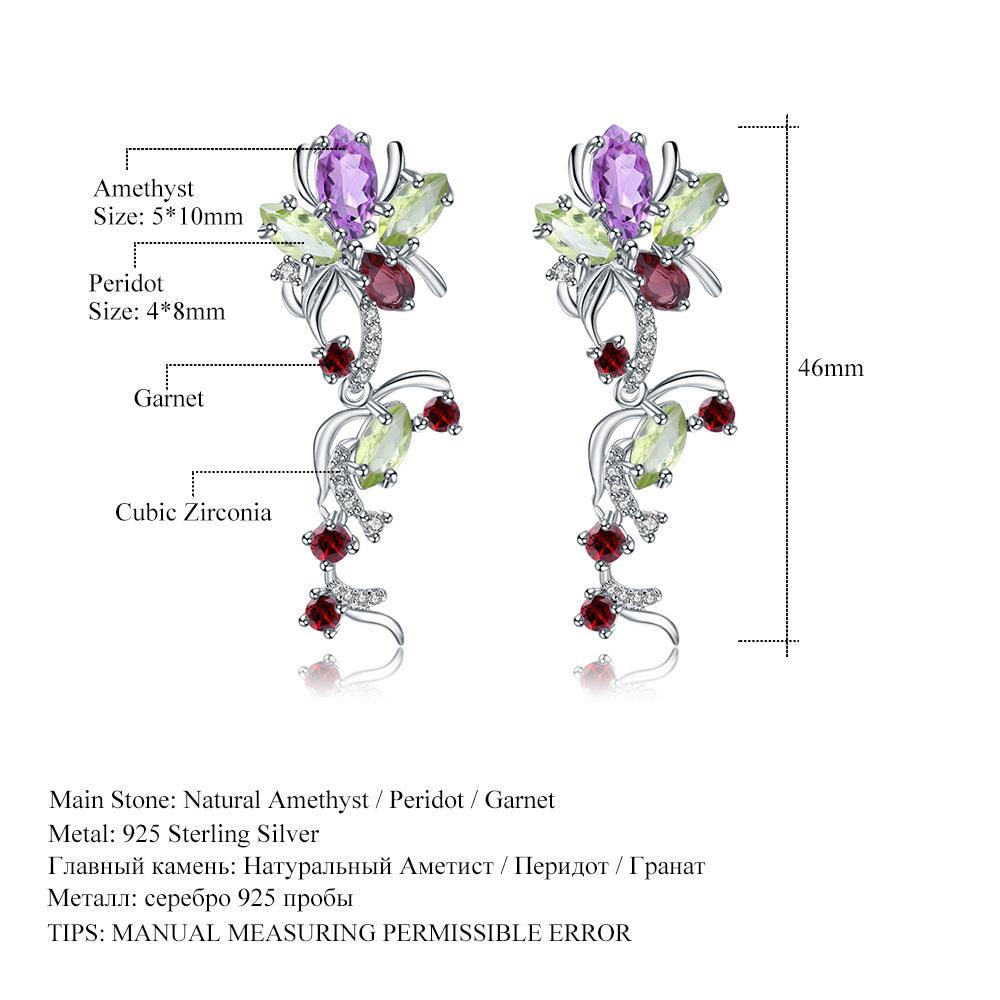 Natural gemstone luxury inlaid orchid design S925 sterling silver earrings