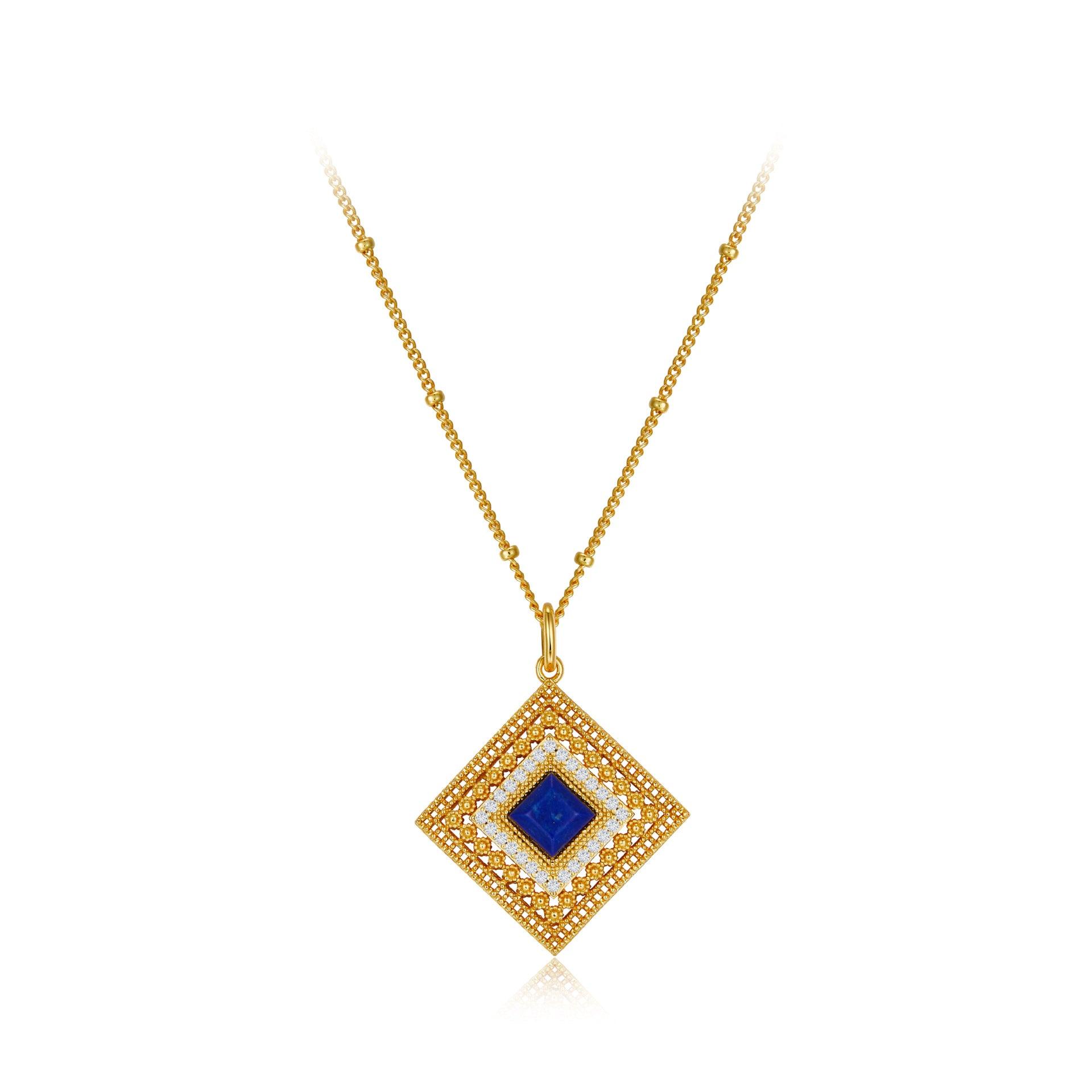 Hollow Ancient Craft Natural Lapis Lazuli S925 Sterling Silver Rhombus Necklace-BlingRunway